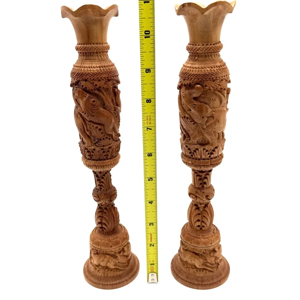 Pair Hand Carved‎ Wooden Flower Bud Vase Elephants Lions Home Garden Decor Art